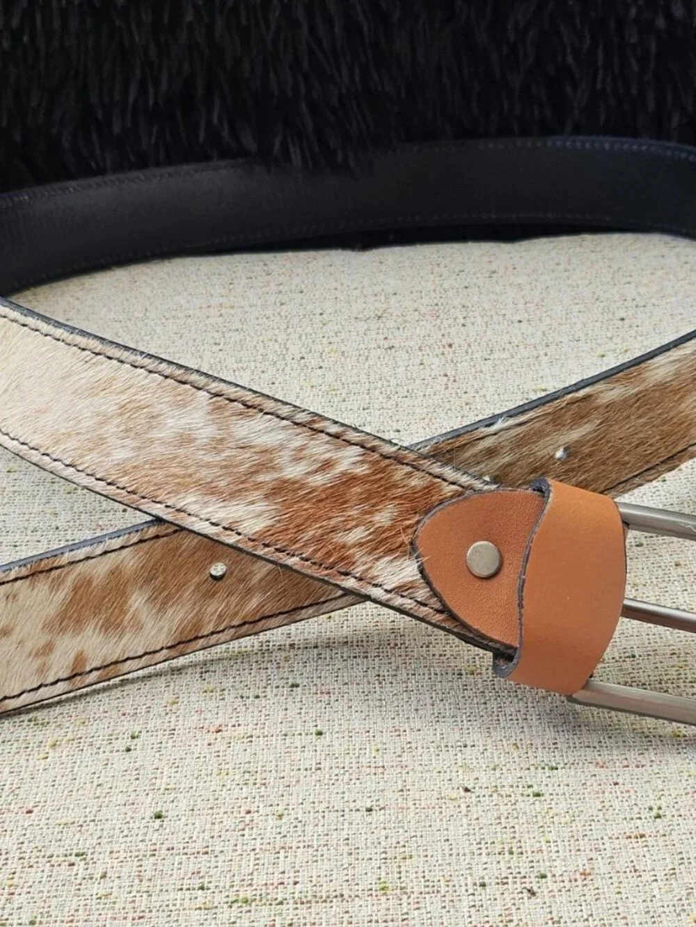 Handmade Belt Real Fur Brown/White Hair Waistband Pin Buckle Unisex Handmade